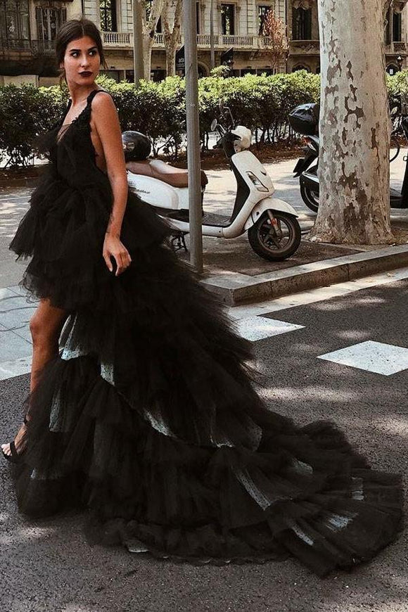 Beautiful A-Line V-Neck High Low Backless Black Tulle Prom Dresses