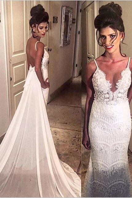 Elegant Spaghetti Straps Mermaid Long Lace Backless Wedding Dresses with Court Train PFW0099
