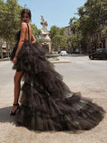 Beautiful A-Line V-Neck High Low Backless Black Tulle Prom Dresses PFP0739