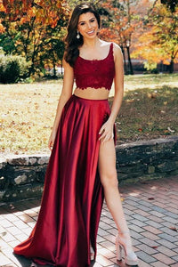 Two Pieces Scoop Sleeveless Burgundy Split Sexy Long Prom Dresses