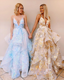 Promfast Chic A-line Spaghetti Straps Lace Appliques Long Prom Dress Evening Dress PFP1819