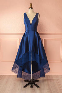 Dark Blue A Line Satin Lace V Neck High-low Bridesmaid Dress,Simple Prom Dresses PFB0056