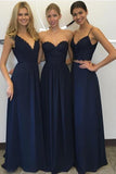 Navy blue Chiffon Simple Lace Long A Line Sleeveless Bridesmaid Dresses PFB0057