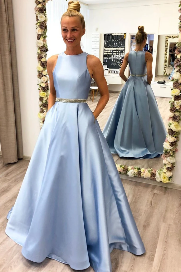 Promfast Sky Blue A Line Beading Long Prom Dress With Pockets Fashion School Dance Dress PFP1820