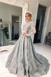 Long Sleeve Grey Lace A Line Long Evening Prom Dress for Teens