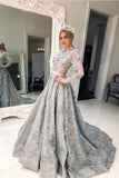 Long Sleeve Grey Lace A Line Long Evening Prom Dress for Teens