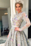 Long Sleeve Grey Lace A Line Long Evening Prom Dress for Teens PFP0746