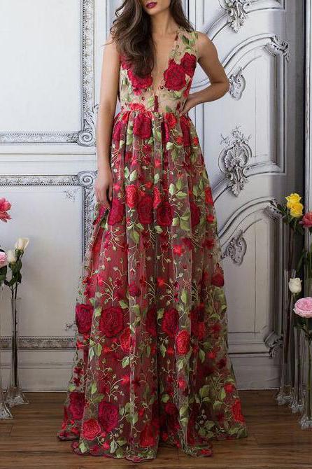Red Floral Embroidery See Through Long Elegant Formal Prom Dresses