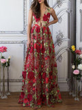 Red Floral Embroidery See Through Long Elegant Formal Prom Dresses PFP0747