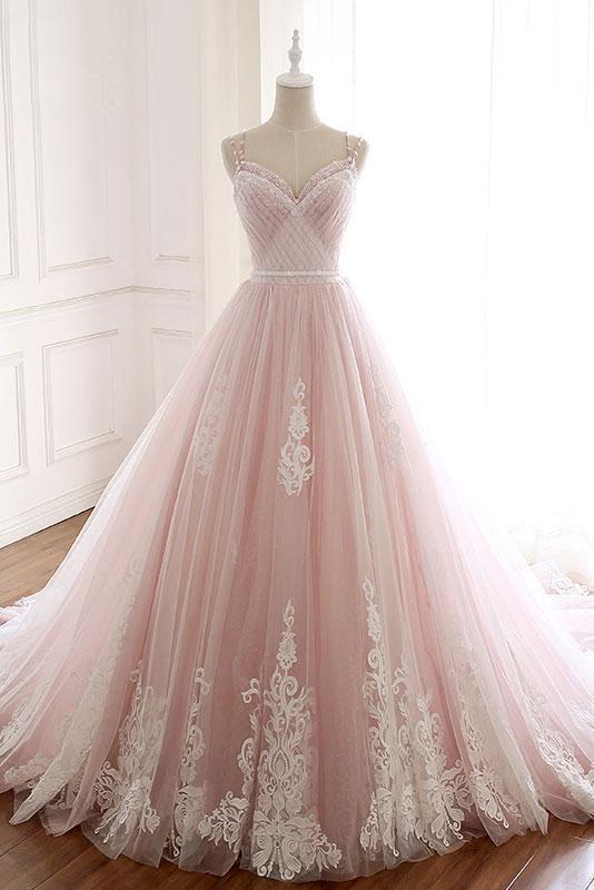 Pink Spaghetti Straps Tulle Prom Dress with Lace Appliques, A Line Formal Evening Party Dresses