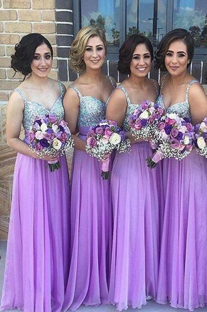 A Line Chiffon Beading Bridesmaid Dresses,Spaghetti Straps Long Bridesmaid Dress PFB0065