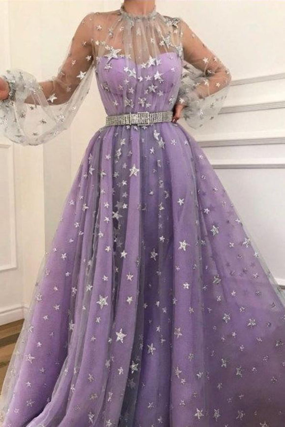 Long Sleeve A-line Sparkly Star Lace Lilac Long Prom Dresses 
