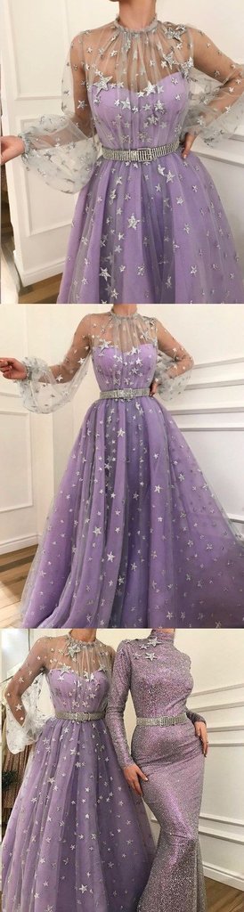 Long Sleeve A-line Sparkly Star Lace Lilac Long Prom Dresses PFP0751 –  Promfast