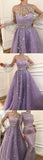 Long Sleeve A-line Sparkly Star Lace Lilac Long Prom Dresses PFP0751
