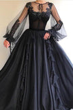 Black Long A-line Tulle Prom Dress, Long Sleeves Modest Evening Gown