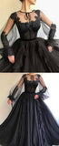Black Long A-line Tulle Prom Dress, Long Sleeves Modest Evening Gown PFP0752