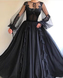 Black Long A-line Tulle Prom Dress, Long Sleeves Modest Evening Gown PFP0752