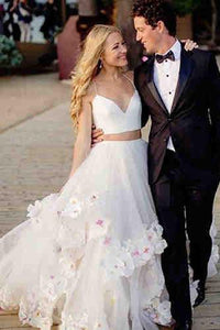 Spaghetti Straps Off White Two Piece Wedding Dress, Long Tulle Pron Gown PFP0753
