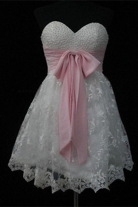 Elegant Short Beaded Lace Homecoming Dresses With Pink Belt PFB0073