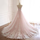 Pink Spaghetti Straps Tulle Prom Dress with Lace Appliques, A Line Formal Evening Party Dresses PFP0493