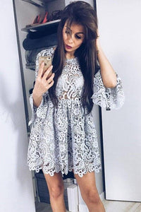 A-Line Crew Long Sleeve Above Knee Grey Lace Homecoming Dress PFH0058