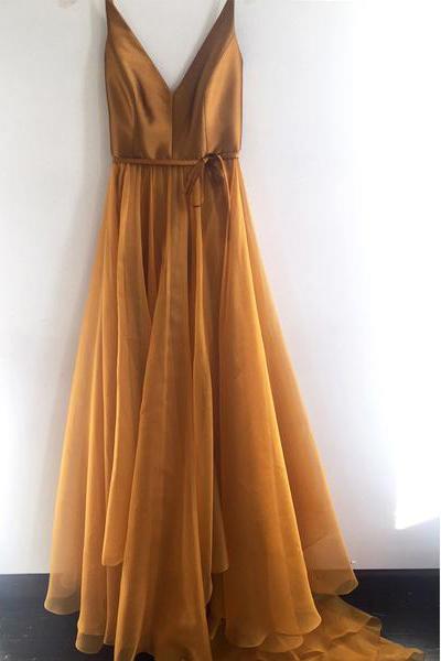 Spaghetti Strap A Line V Neck Gold Formal Cheap Long Prom Dresses