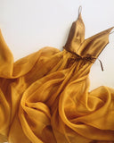 Spaghetti Strap A Line V Neck Gold Formal Cheap Long Prom Dresses PFP0757
