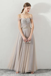 A Line Tulle Long Straps Lace Up Back Beaded Prom Dresses,Evening Dress 