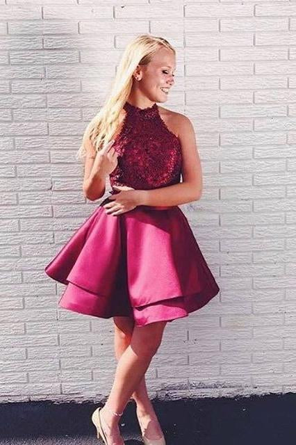 Two Piece A Line Burgundy Lace Top Homecoming Dresses PFH0060