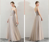 A Line Tulle Long Straps Lace Up Back Beaded Prom Dresses,Evening Dress PFP0758