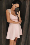 Simple A-Line Spaghetti Straps Short Pink Homecoming Dress with Appliques PFH0061