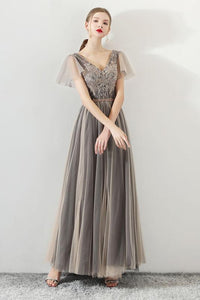 A Line Tulle Long Appliques Beaded Prom Dresses, Grey Formal Evening Dress