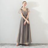A Line Tulle Long Appliques Beaded Prom Dresses, Grey Formal Evening Dress PFP0759