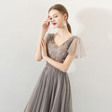 A Line Tulle Long Appliques Beaded Prom Dresses, Grey Formal Evening Dress PFP0759
