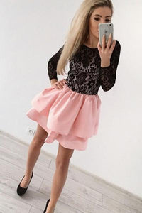 A-Line Jewel Long Sleeves Pink Short Homecoming Dress with Black Lace PFH0066