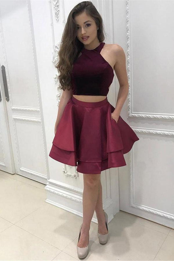 Cheap 2 Pieces Simple Short Burgundy Satin Homecoming Dresses For Teens PFH0067