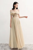 Charming Off the Shoulder A Line Tulle Long Prom Dresses With Beading