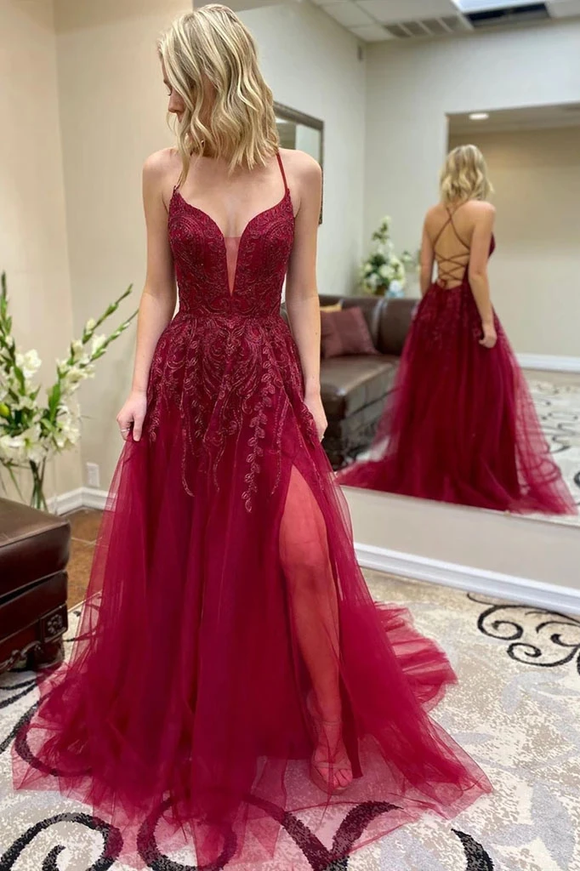 Promfast Spaghetti Straps Burgundy Lace Appliques Prom Dresses, Cheap Evening Dresses PFP1823