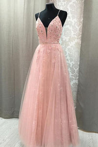 Blush V Neck Prom Dress with Straps, Long Prom Gown with Appliques