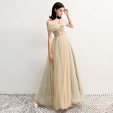 Charming Off the Shoulder A Line Tulle Long Prom Dresses With Beading PFP0761