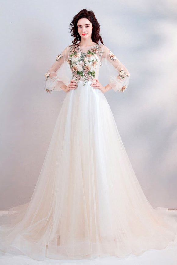 Pretty A Line Long Sleeves Tulle Appliques Prom Dresses With Flowers