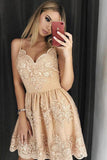 Stylish A-Line Spaghetti Straps Short Homecoming Dress with Lace Appliques PFH0070