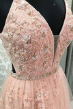 Blush V Neck Prom Dress with Straps, Long Prom Gown with Appliques PFP0494