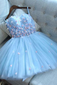 A-Line Sweetheart Short Blue Tulle Homecoming Dress with Appliques PFH0072