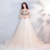 Pretty A Line Long Sleeves Tulle Appliques Prom Dresses With Flowers PFP0762