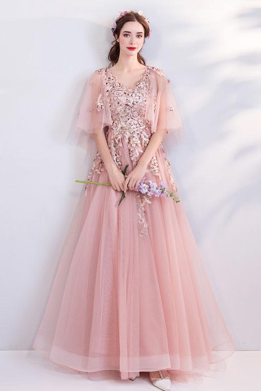 Princess A Line Pink Long Tulle Appliques V Neck Prom Dresses