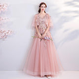 Princess A Line Pink Long Tulle Appliques V Neck Prom Dresses PFP0763