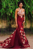 Charming Burgundy Mermaid Long Lace Appliqued Sleeveless Prom Dresses 