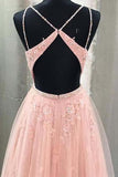 Blush V Neck Prom Dress with Straps, Long Prom Gown with Appliques PFP0494