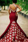 Charming Burgundy Mermaid Long Lace Appliqued Sleeveless Prom Dresses PFP0764